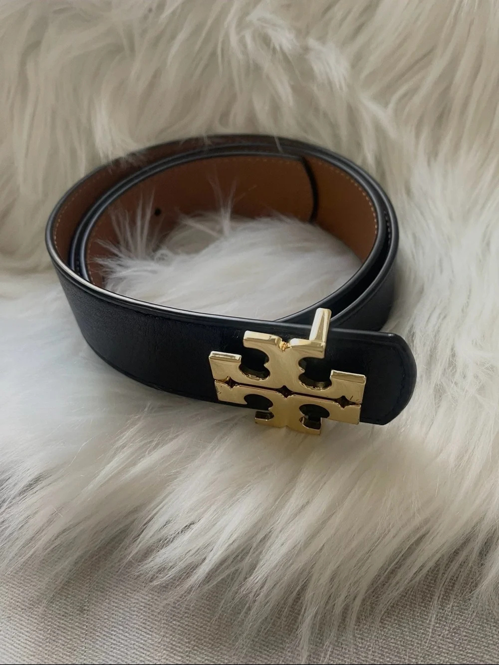 Tory Burch reversible Leather Belt with Gold Logo Buckle